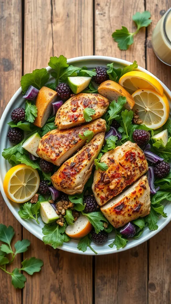 A vibrant Zaatar Roasted Chicken Salad with grilled chicken, fresh greens, apples, blackberries, and lemon slices on a wooden table.