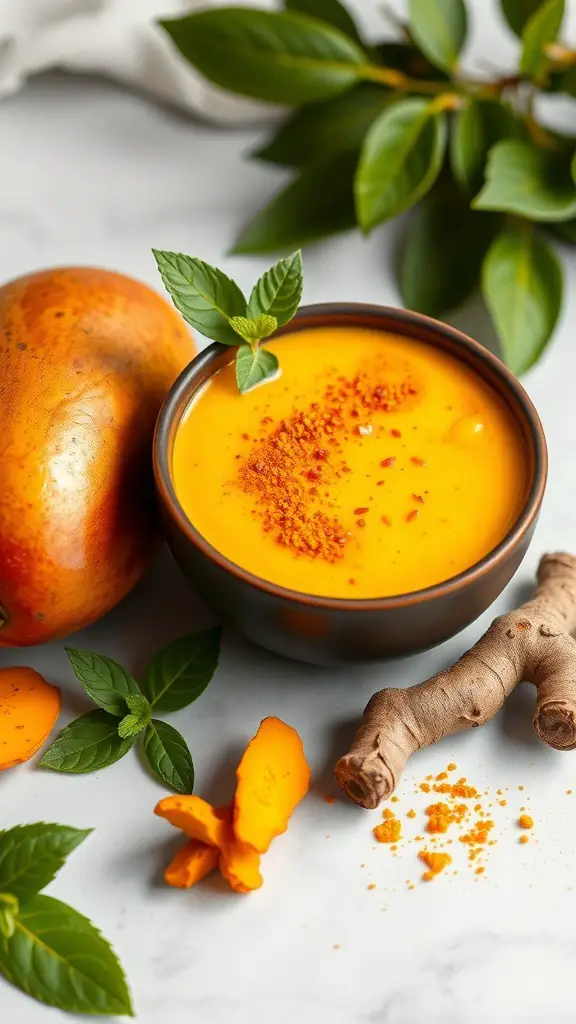 A bowl of Spicy Mango and Turmeric Smoothie with mango and turmeric root beside it.