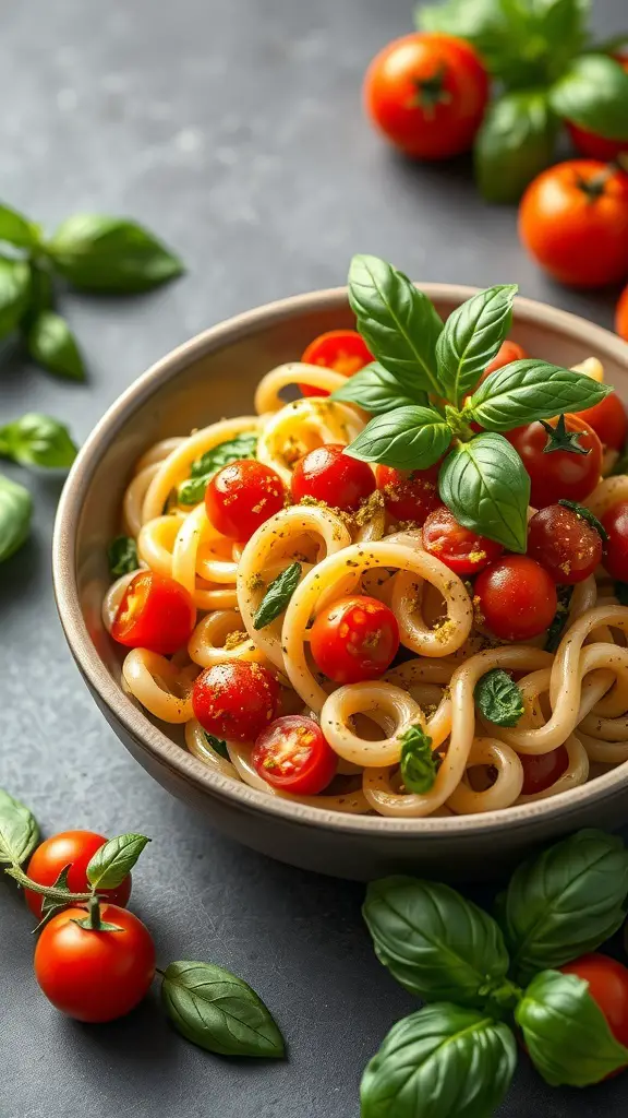 A bowl of pasta salad with cherry tomatoes and basil, surrounded by fresh basil leaves and tomatoes.