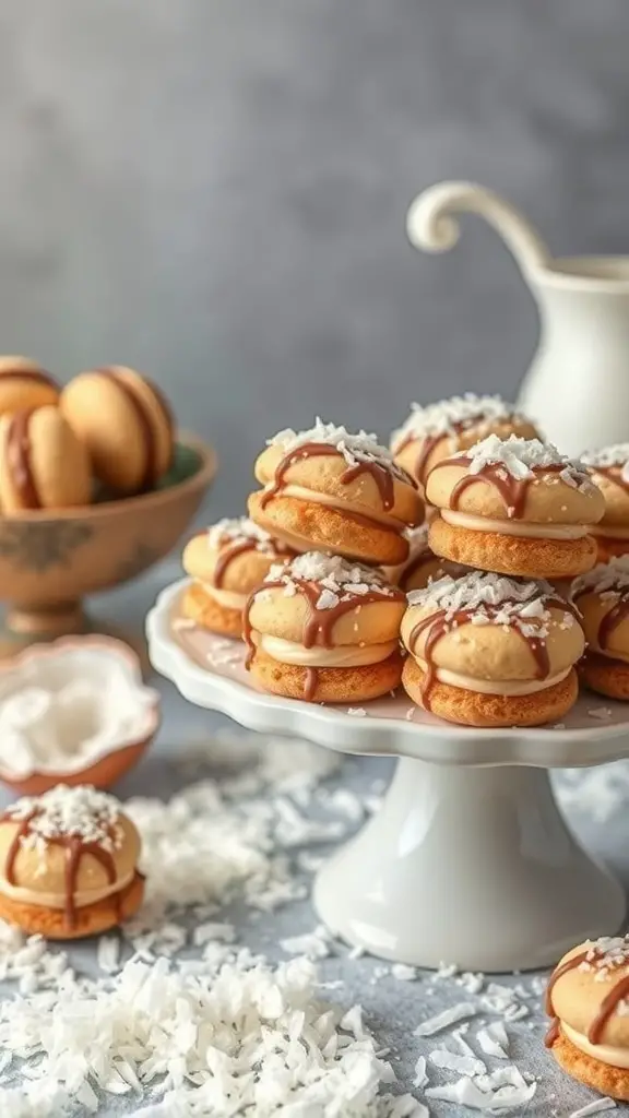 A display of toffee coconut macaroons on a cake stand, drizzled with chocolate and topped with shredded coconut.