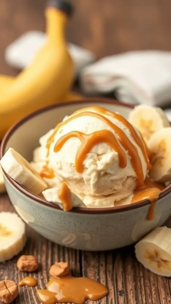 A bowl of peanut butter banana ice cream topped with caramel sauce and banana slices, with a banana in the background.