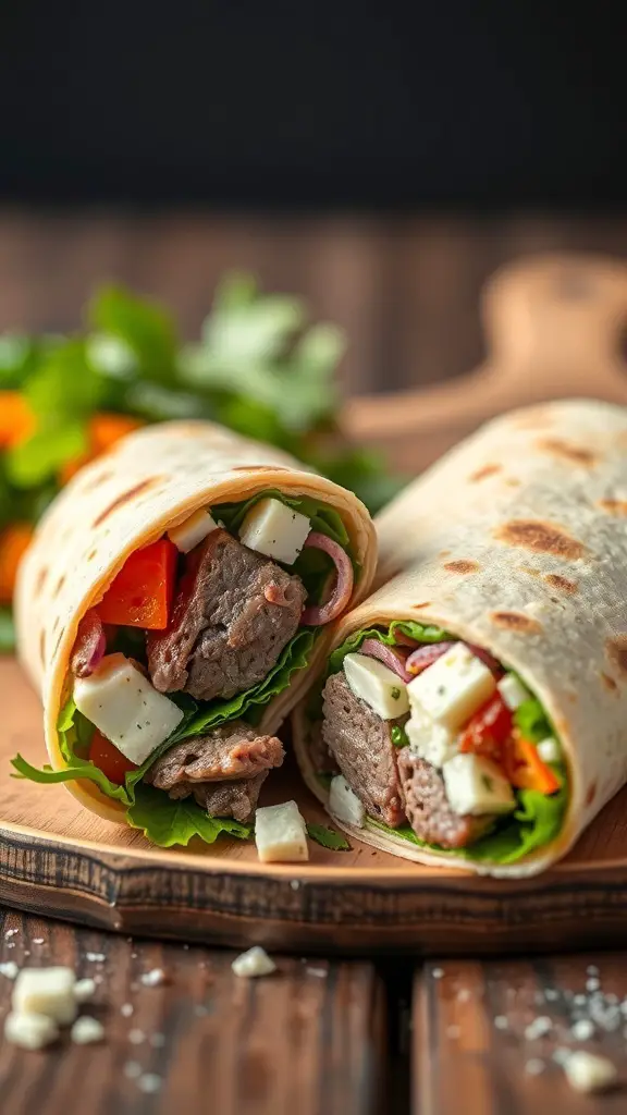 A delicious lamb and feta breakfast wrap with fresh vegetables, neatly rolled in a tortilla.