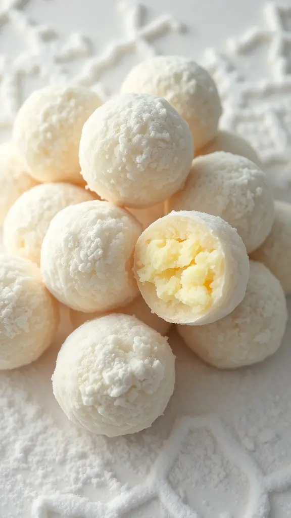 A pile of Pineapple Coconut Snowballs, some whole and one cut in half, showing the creamy filling inside.