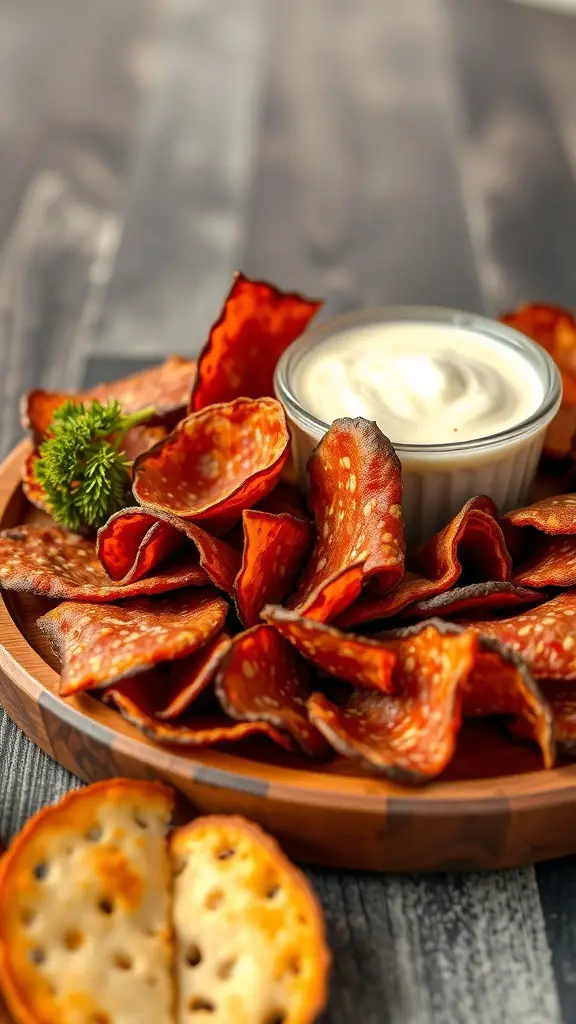 A plate of crispy salami chips served with a creamy cheese dip.