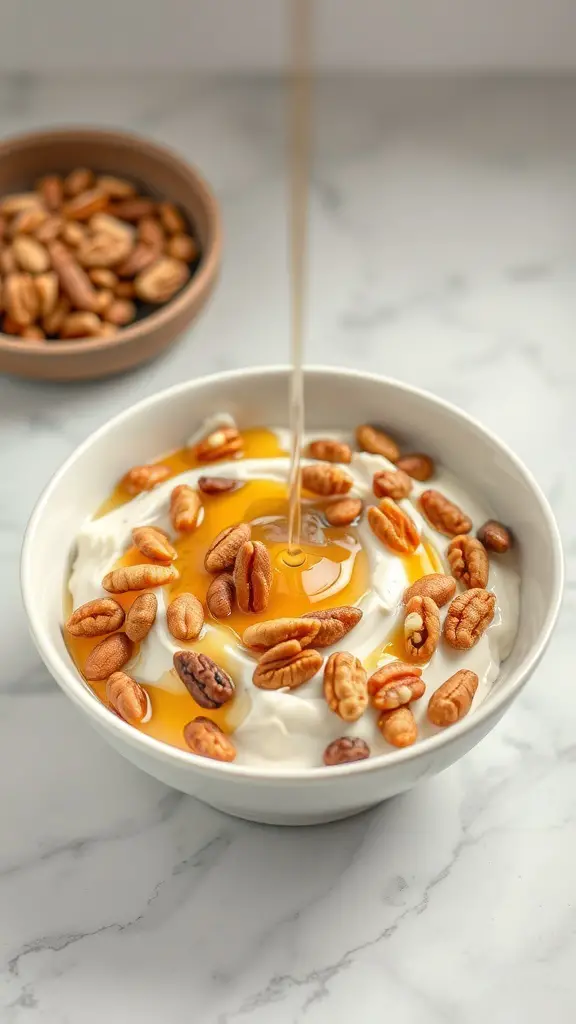 A bowl of Greek yogurt topped with honey and nuts, with a side bowl of more nuts.