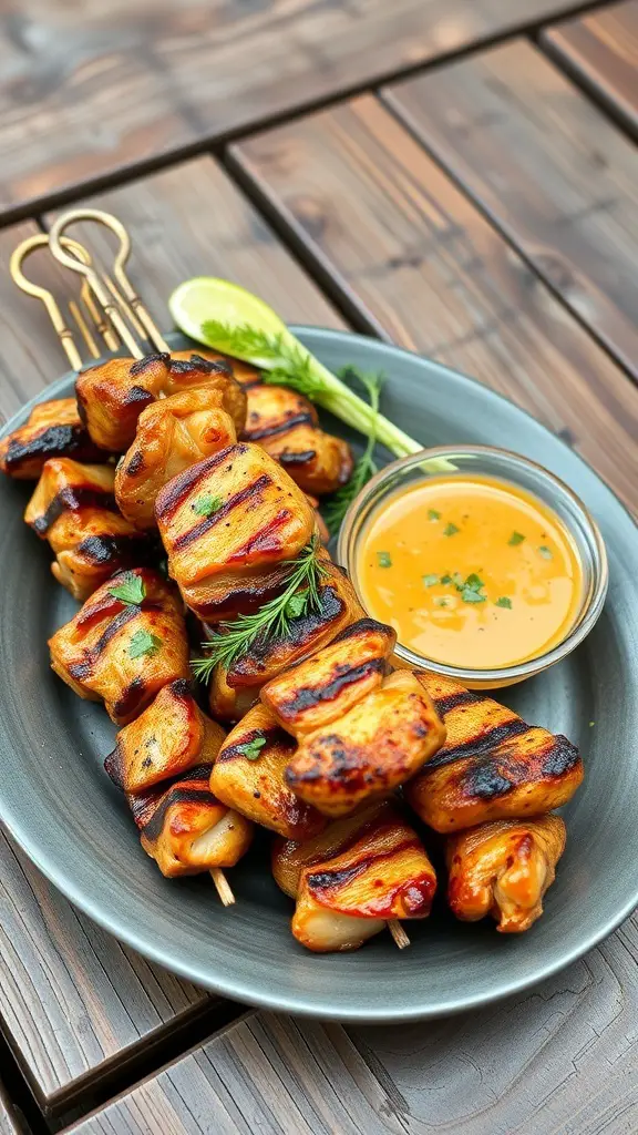 Grilled chicken skewers served with a dipping sauce and lime.