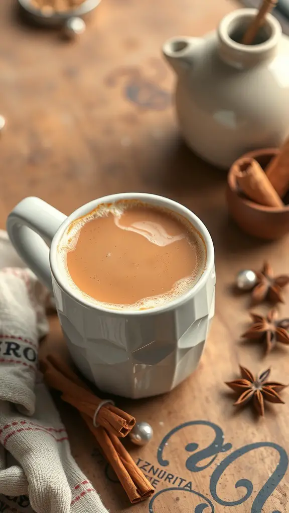 A warm cup of spicy chai latte with cinnamon sticks and star anise on a wooden table.