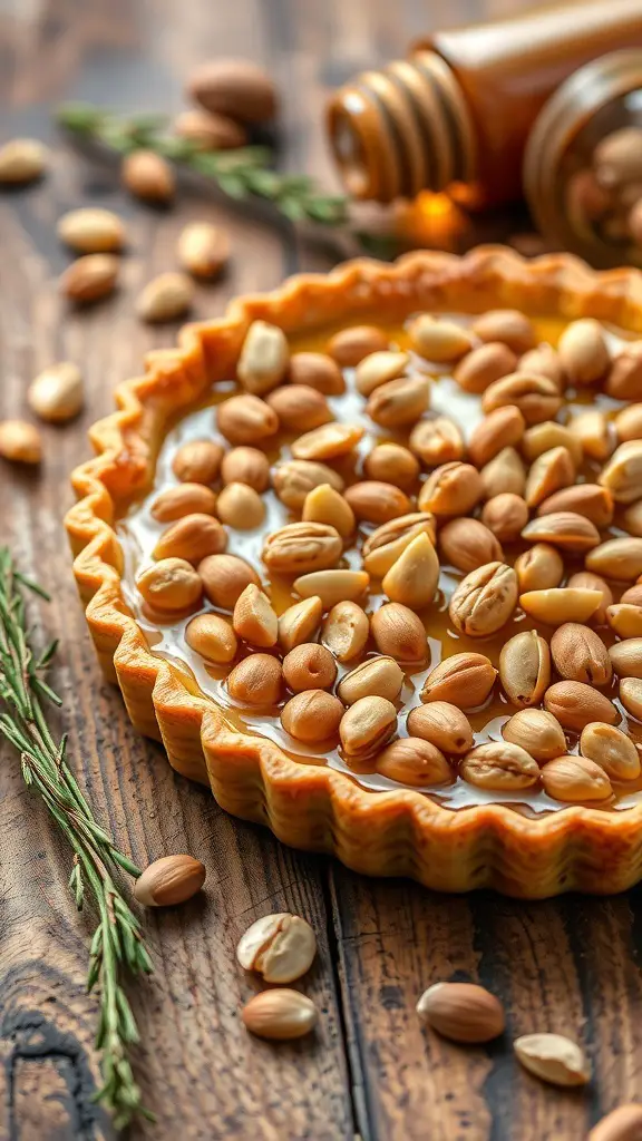 A Pine Nut and Honey Tart with a golden crust and topped with toasted pine nuts, surrounded by scattered pine nuts and herbs.
