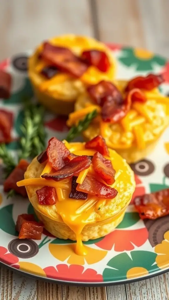 Delicious egg muffins topped with bacon and cheese on a colorful plate.
