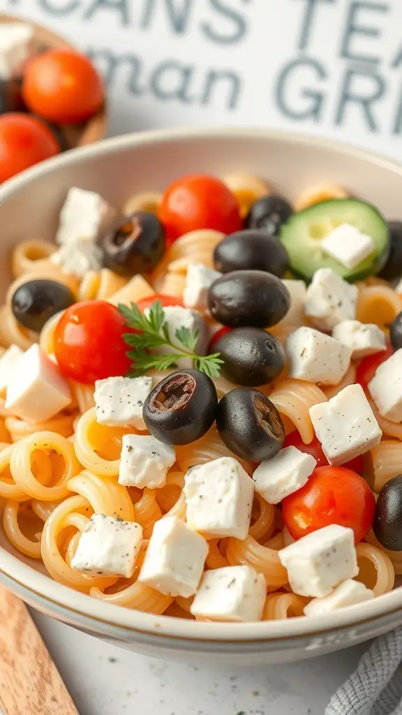 A bowl of Greek pasta salad with feta, cherry tomatoes, black olives, and cucumbers.