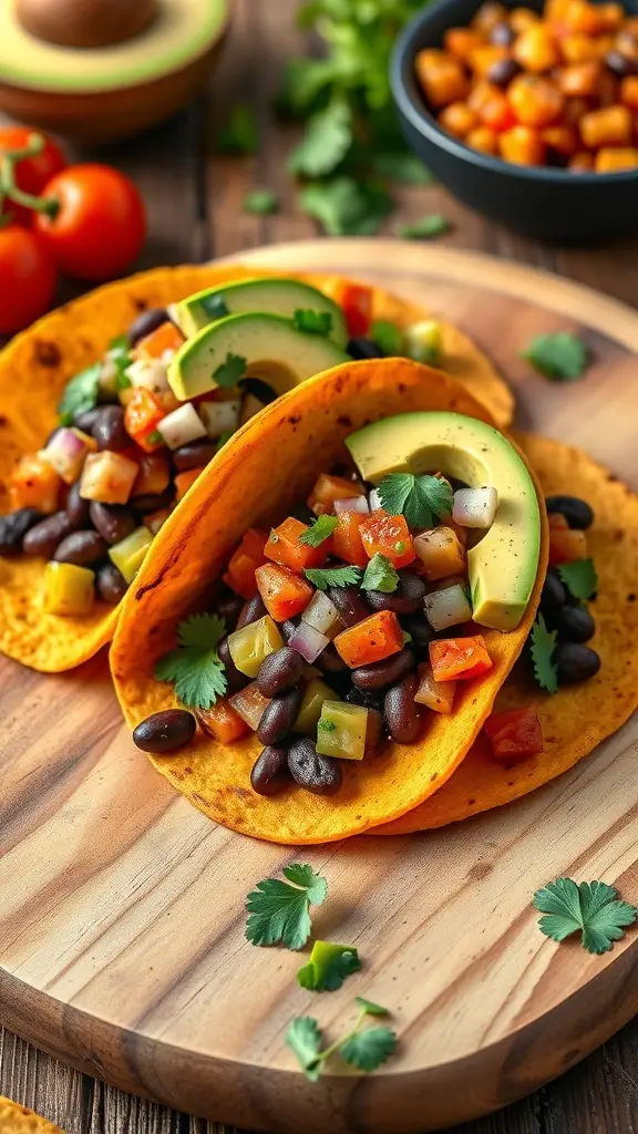 Sweet potato and black bean tacos with avocado and fresh vegetables on a wooden platter