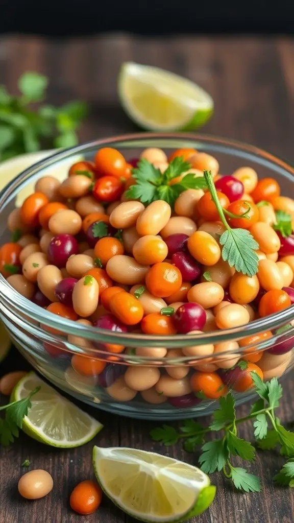 A colorful bowl of canned bean salad with lime dressing, garnished with cilantro and lime wedges.