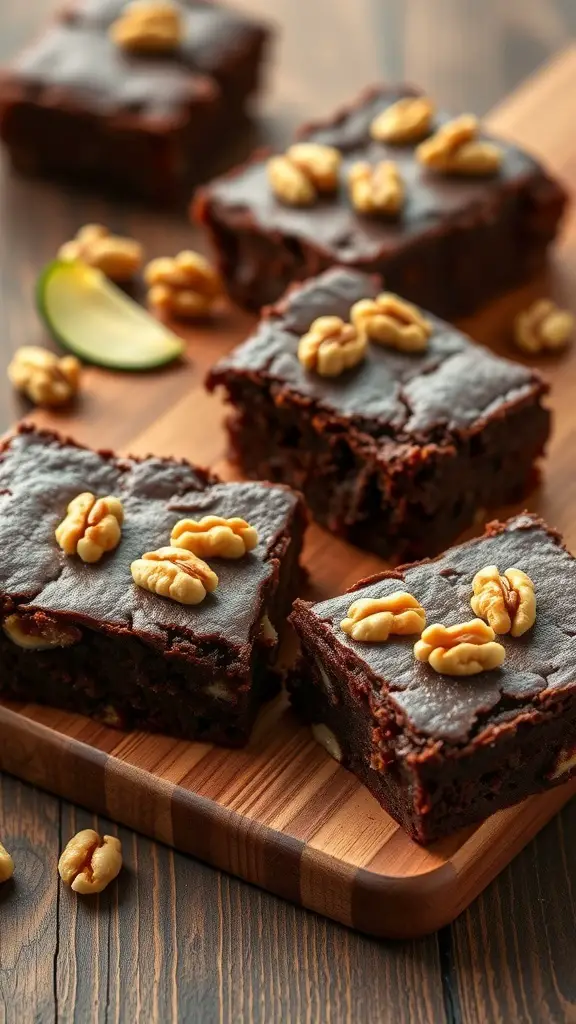 Delicious zucchini brownies topped with walnuts on a wooden cutting board