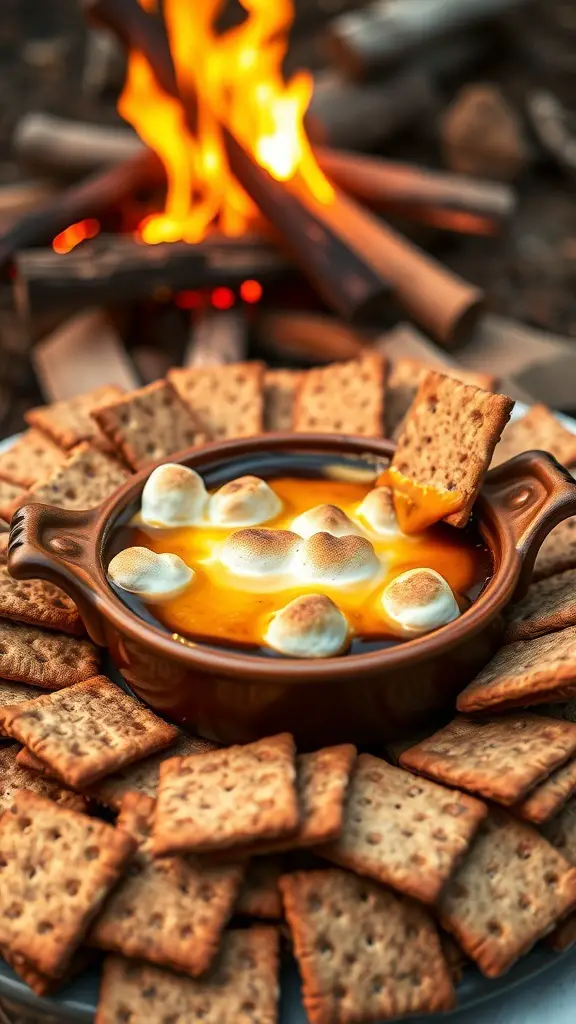 A warm s'mores dip with toasted marshmallows in a bowl, surrounded by graham crackers and a campfire in the background.