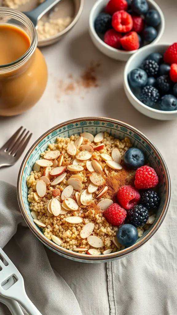 A quinoa breakfast bowl topped with almonds and fresh berries, alongside a jar of coffee.