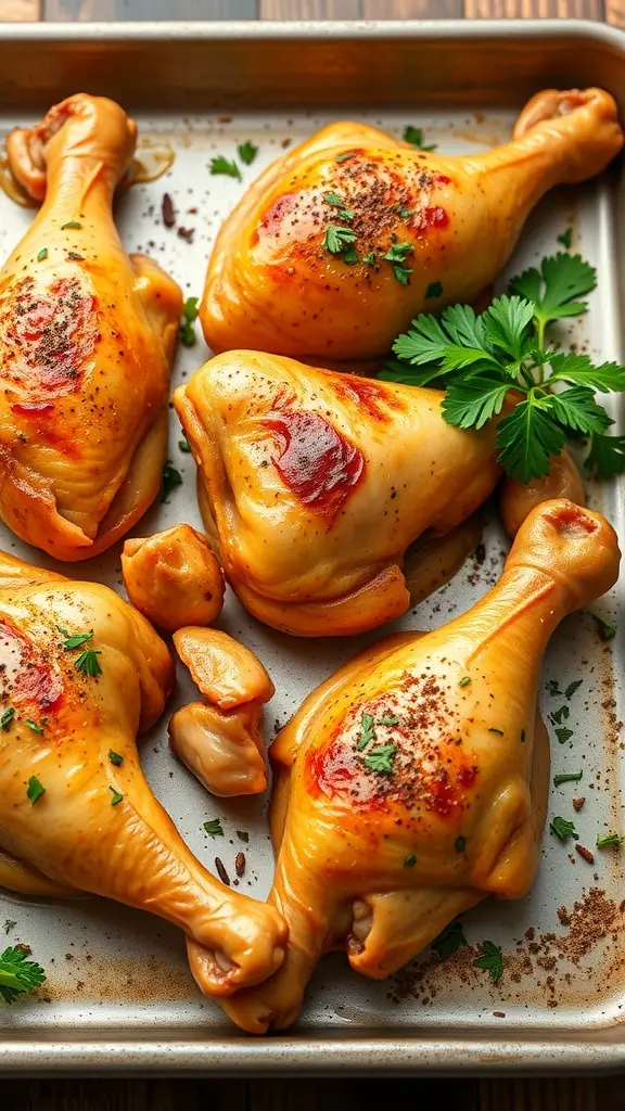 Roasted chicken drumsticks on a baking tray, garnished with parsley
