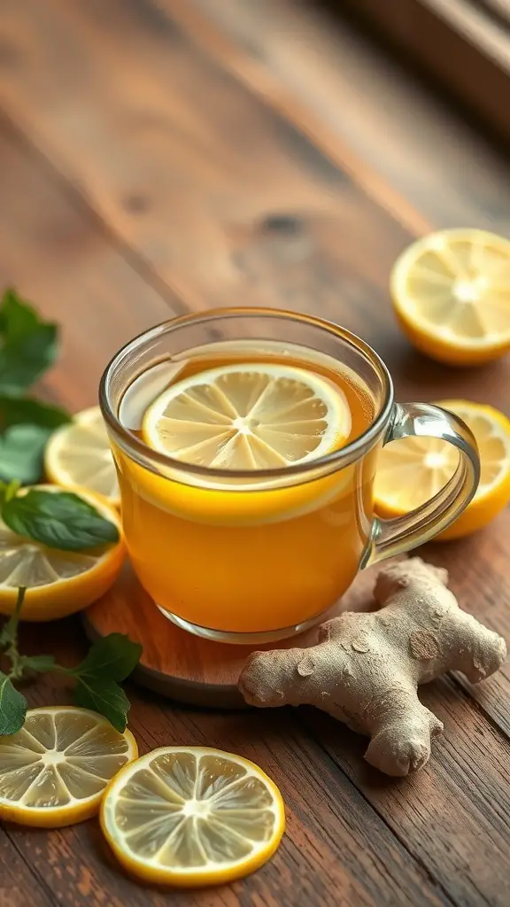 A cup of lemon ginger herbal tea with lemon slices and ginger root on a wooden table.