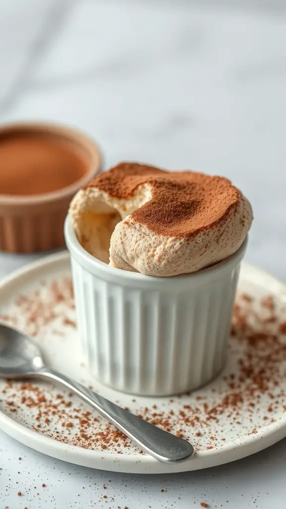 A chocolate soufflé in a ramekin, dusted with cocoa powder, served on a plate with a spoon.