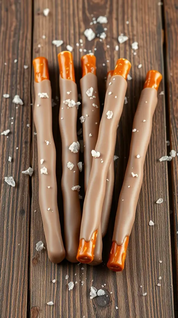 Chocolate dipped pretzels with a sprinkle of sea salt on a wooden surface
