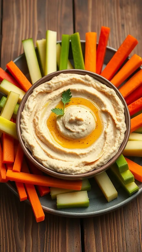 Bowl of chickpea hummus surrounded by colorful veggie sticks