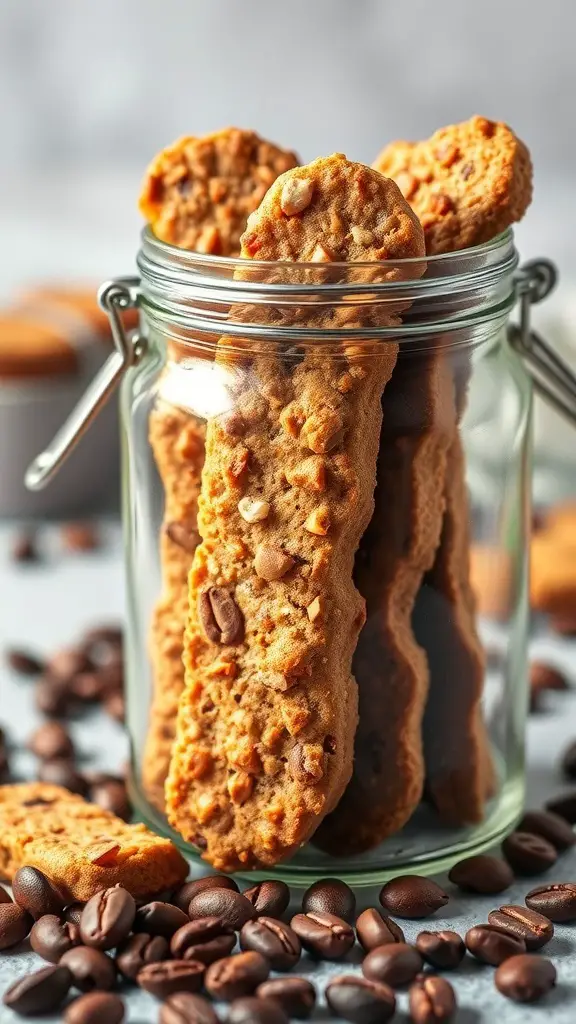 A jar filled with toffee almond biscotti surrounded by coffee beans.