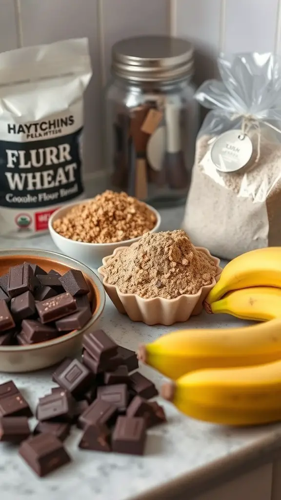 Ingredients for chocolate banana bread including flour, chocolate, bananas, and sweeteners.