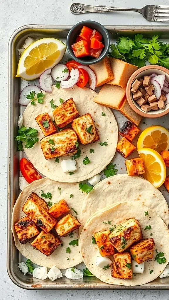 Mediterranean style fish tacos on a sheet pan with fresh toppings
