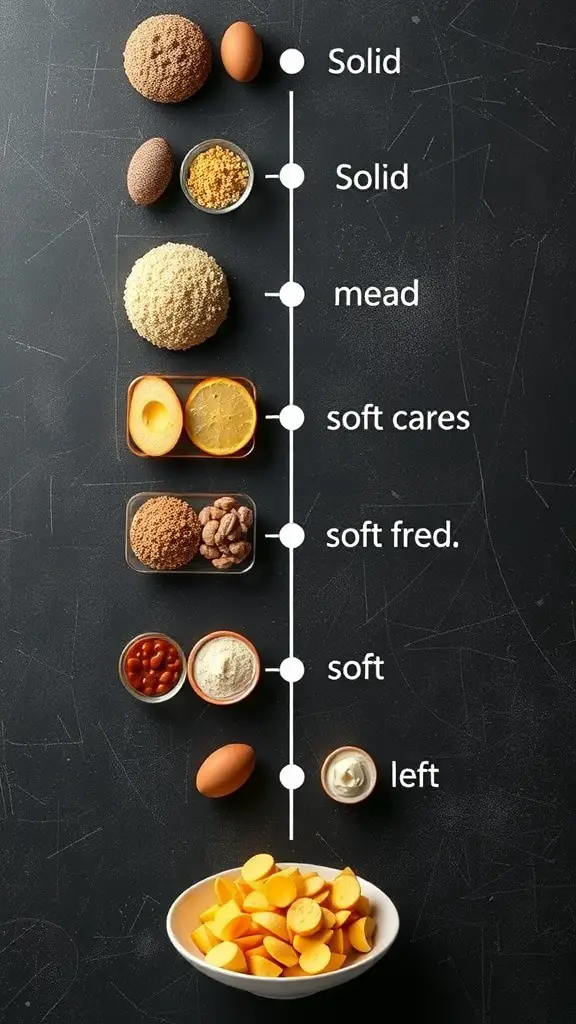 Image showing various food items arranged by texture from solid to soft.