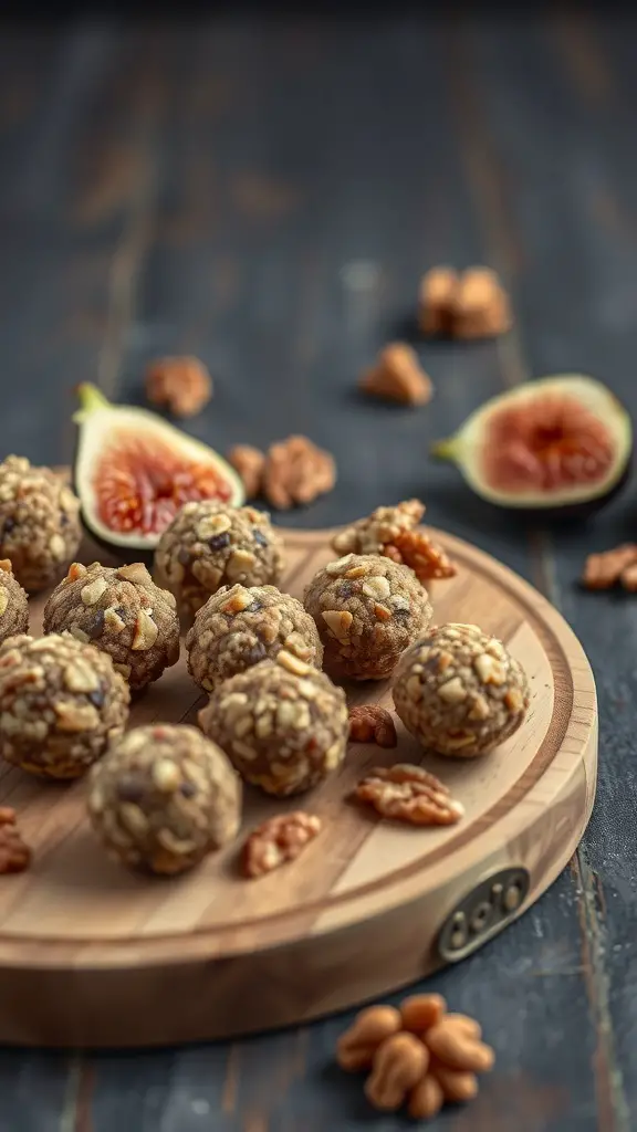 A wooden platter with fig and walnut energy bites, surrounded by fresh figs and walnuts.