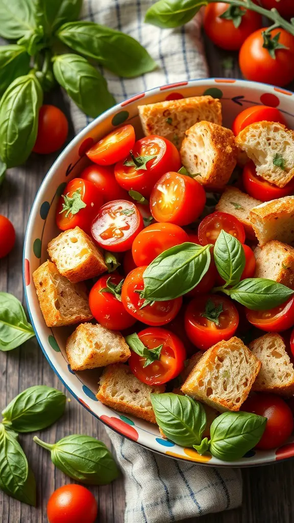 A bowl of Panzanella salad with cherry tomatoes, bread cubes, and basil leaves.