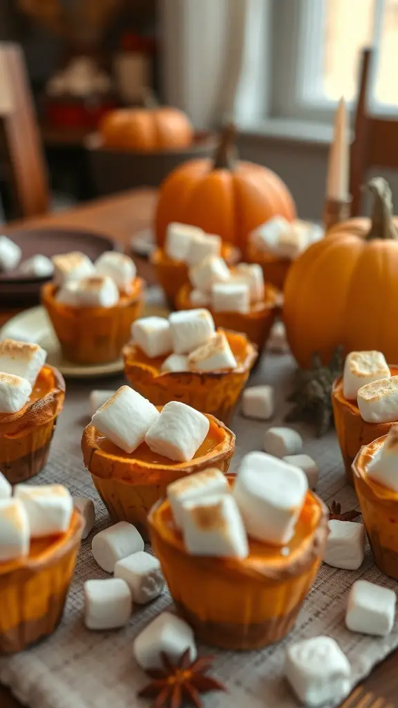 Sweet Potato Marshmallow Cups topped with marshmallows, surrounded by pumpkins and festive decor.