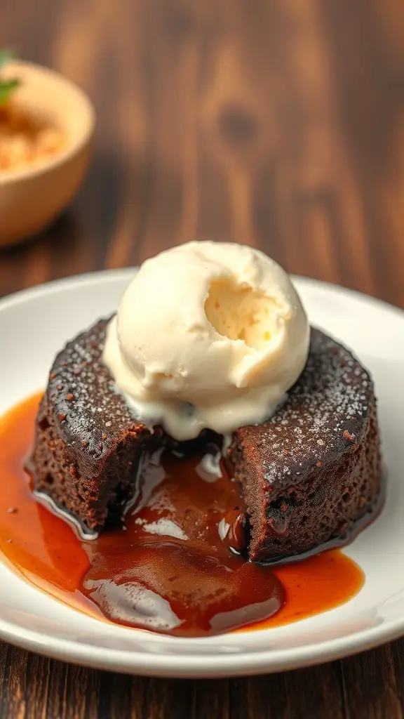 A chocolate lava cake with a scoop of vanilla ice cream on top, served on a white plate.