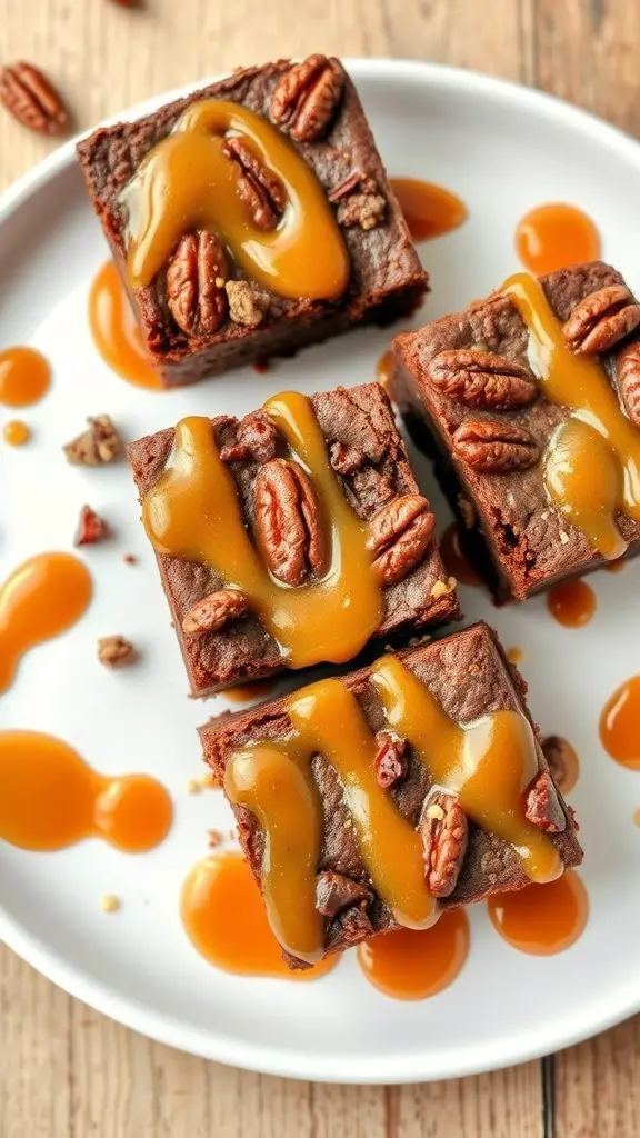 Delicious caramel pecan brownies drizzled with caramel sauce and topped with pecans.