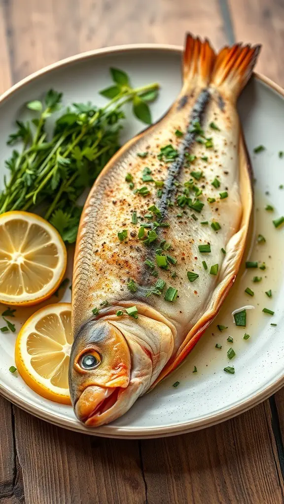 A plate of fried trout garnished with herbs and lemon slices