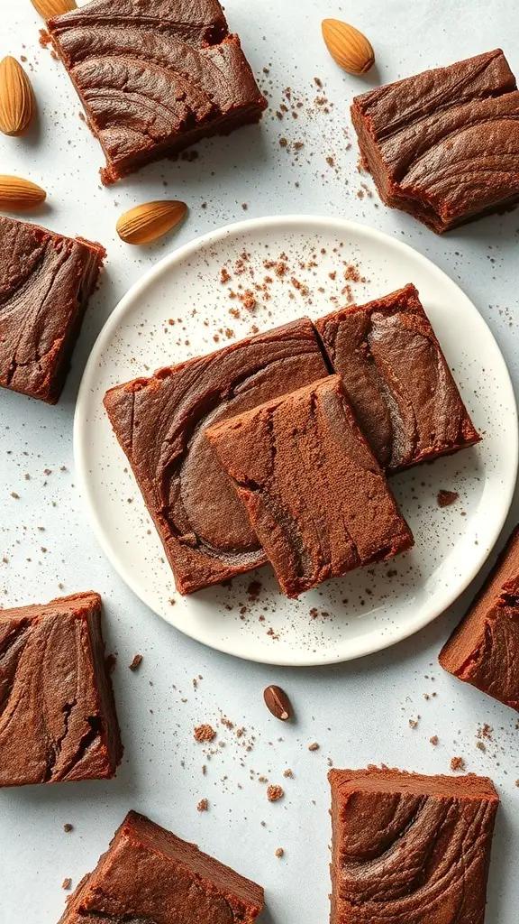 A plate of almond flour brownies with whole almonds scattered around.