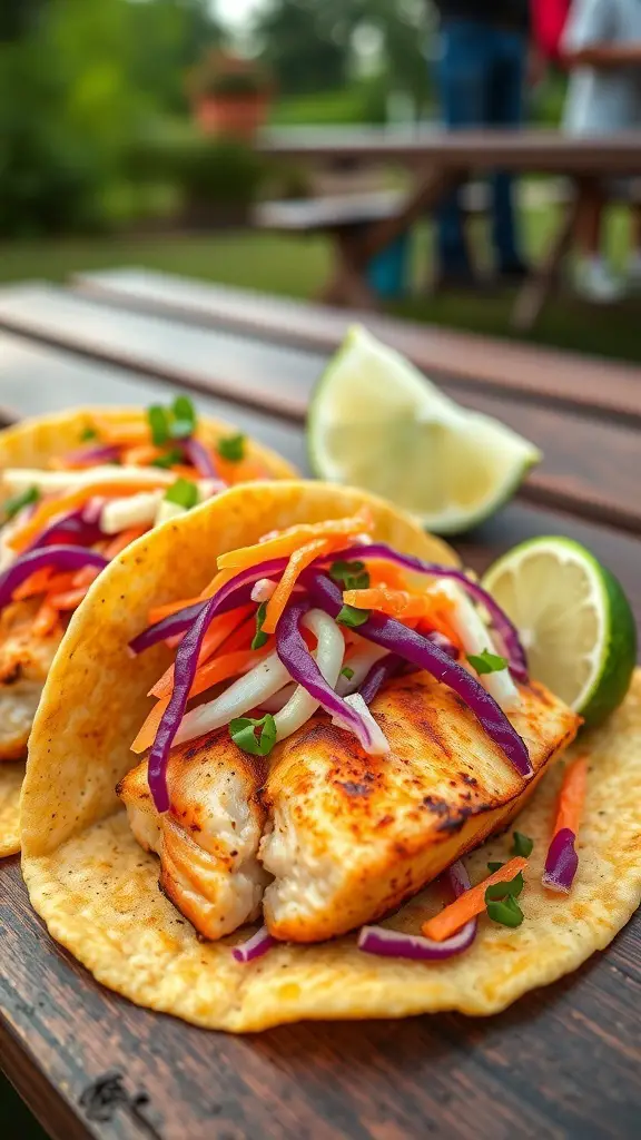 Grilled fish tacos with cabbage slaw and lime on a wooden table
