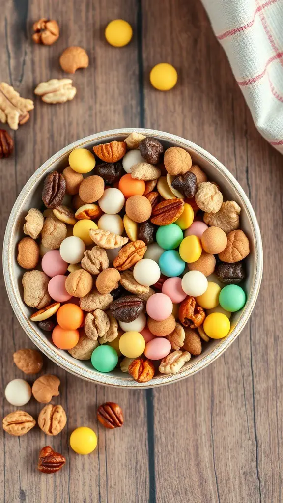 Colorful trail mix in a bowl with nuts and candies