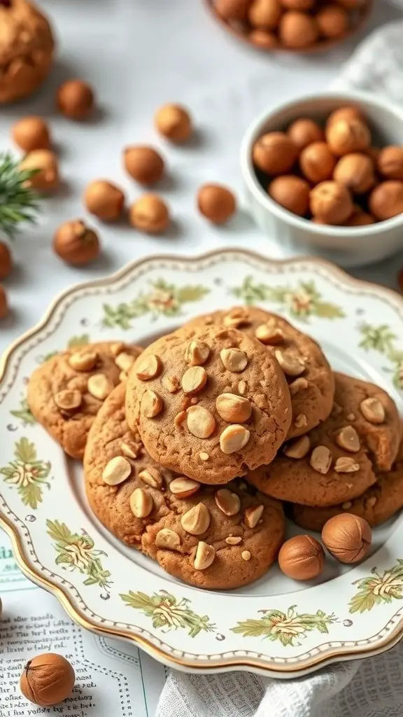 A plate of freshly baked toffee hazelnut cookies with whole hazelnuts on top, surrounded by more hazelnuts.