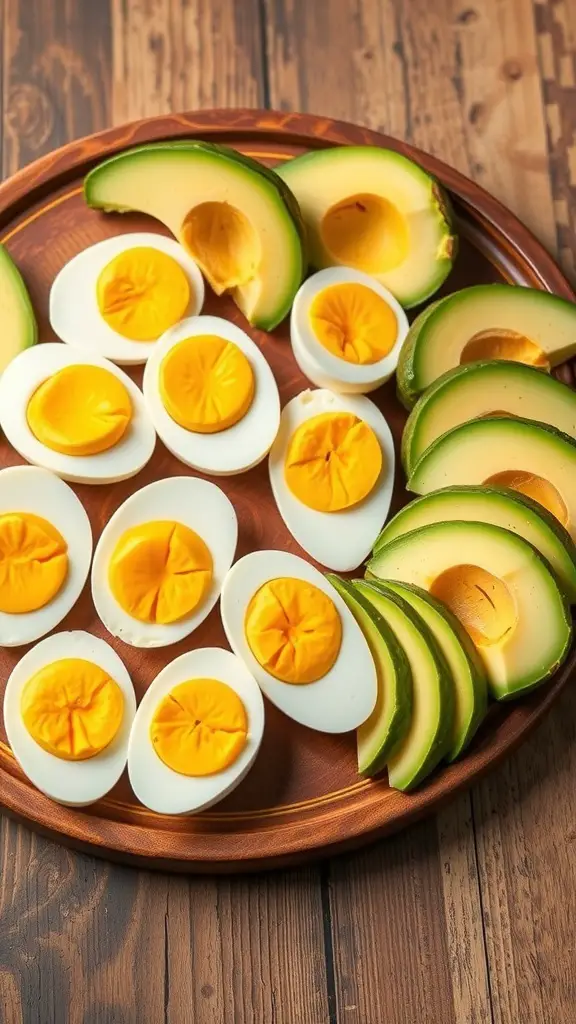 A plate with hard-boiled eggs and sliced avocados arranged beautifully.