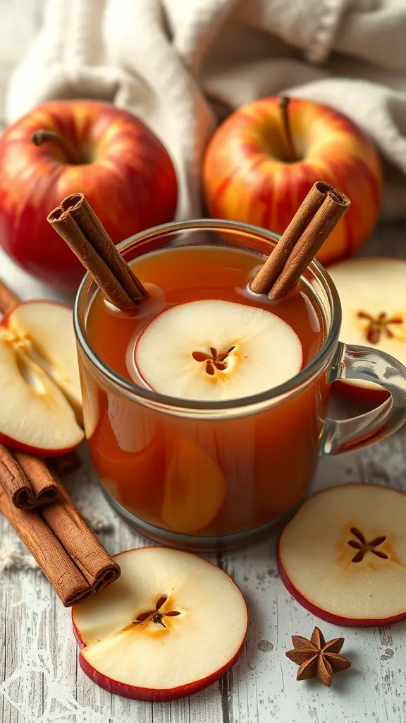 A glass of cinnamon apple cider with apple slices and cinnamon sticks, surrounded by fresh apples.