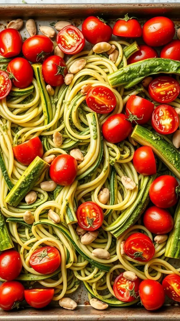 A colorful dish of pesto zucchini noodles with cherry tomatoes and nuts