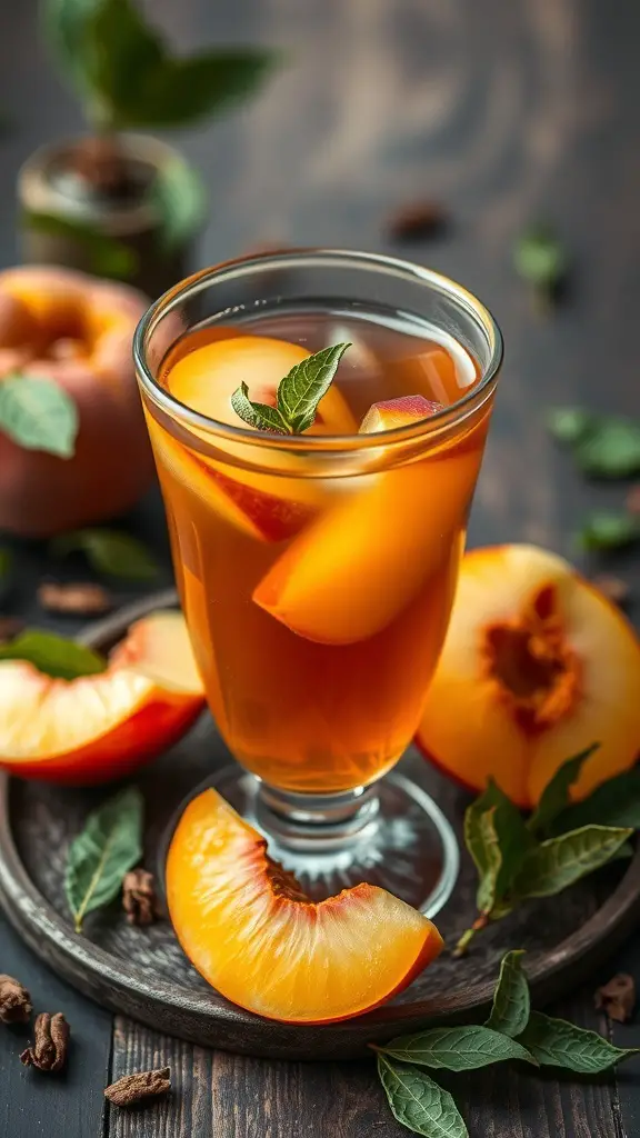 A refreshing glass of Peach Oolong Energizing Blend with peach slices and mint leaves.