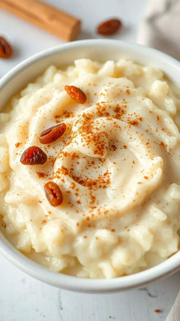 A bowl of creamy rice pudding topped with cinnamon and nuts.