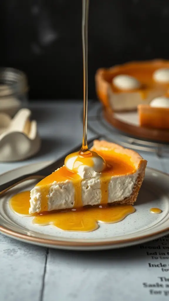 A slice of cottage cheese and honey tart with honey drizzling on top.