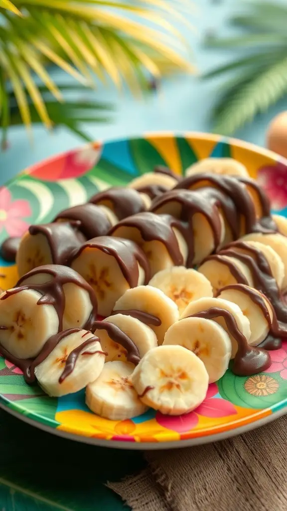 A colorful plate of chocolate dipped banana bites, showcasing slices of banana drizzled with chocolate.