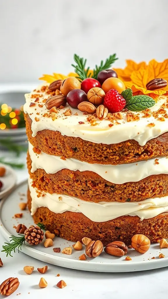 A beautifully layered Holiday Spice Cake with cream cheese frosting, decorated with nuts and berries.