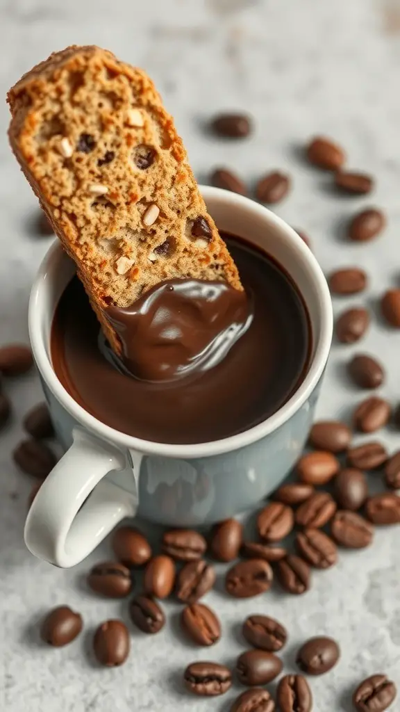 A biscotti being dipped into a cup of melted chocolate, surrounded by coffee beans.