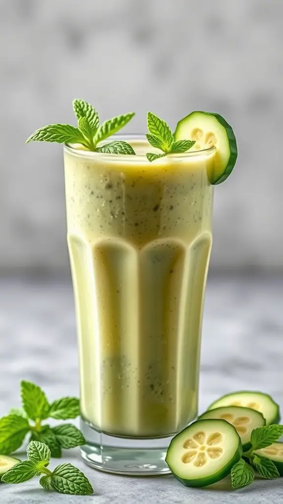 A refreshing cucumber mint smoothie in a tall glass, garnished with mint leaves and cucumber slices.