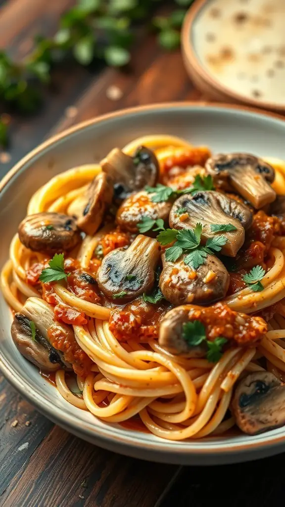 A plate of Chicken Marsala Pasta with spaghetti, mushrooms, and herbs