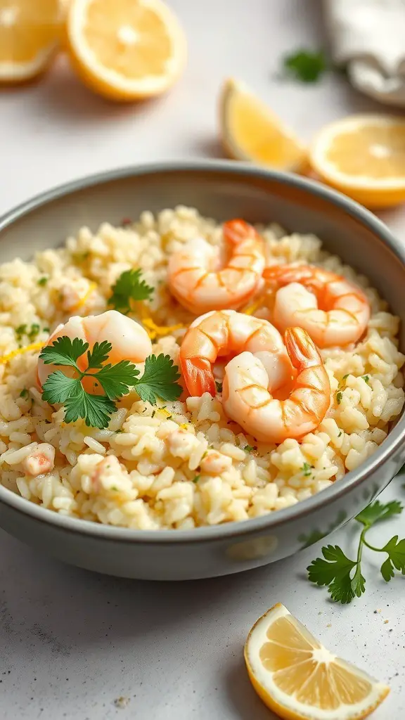 A bowl of Mediterranean shrimp risotto garnished with shrimp and herbs, with lemon slices in the background.